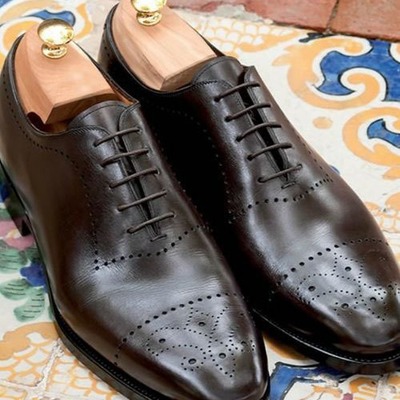 Latest men's hand made black cap toe brogue leather lace up shoes - Thumbnail 1