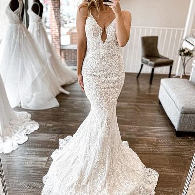 Stunning mermaid spaghetti straps high quality lace wedding dresses,1469 - Thumbnail 2