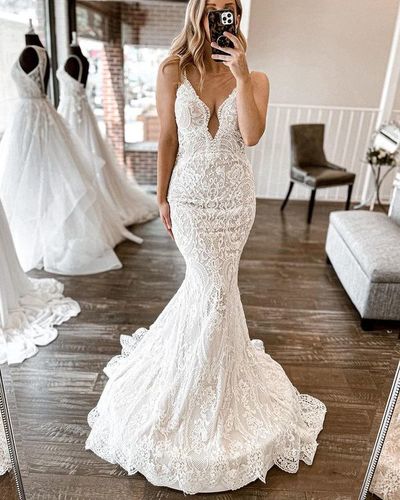 Stunning Mermaid Spaghetti Straps High Quality Lace Wedding Dresses,1469