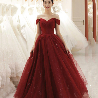 Burgundy tulle long a line prom dress evening dress,1472