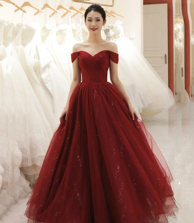 Burgundy tulle long A line prom dress evening dress,1472