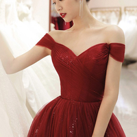 Burgundy tulle long A line prom dress evening dress,1472 - Thumbnail 1