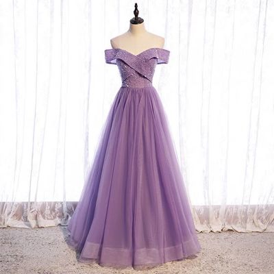 Off the shoulder lilac beaded prom dress,1473 - Thumbnail 1