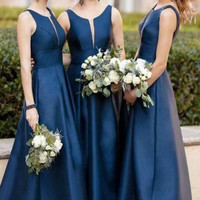 A-Line Satin Navy Blue Bridesmaid Dress with Illusion V Inset,1476 - Thumbnail 1