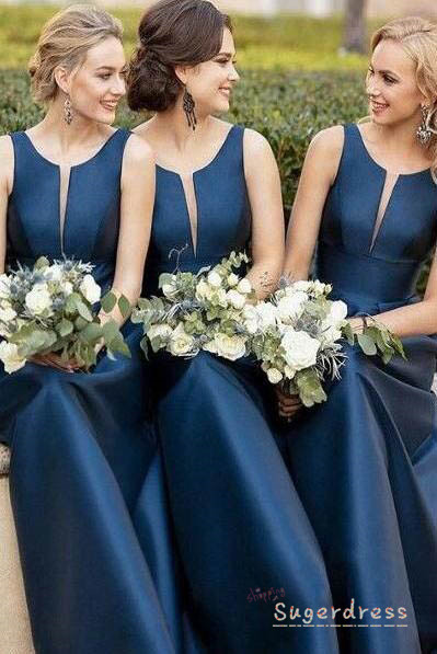 A-Line Satin Navy Blue Bridesmaid Dress with Illusion V Inset,1476