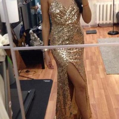 Spaghetti straps a line sparkly slit prom dresses  - Thumbnail 2