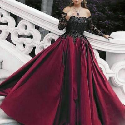 A Line Long Sleeves Long Prom Dresses with Black Lace Appliques