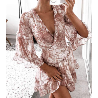 V-neck sexy print fashion slim chiffon dress