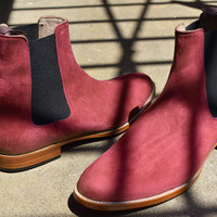Handmade Men's Red Suede Chelsea Boot, New Ankle High Boots - Thumbnail 1