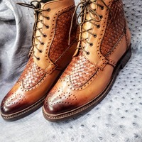 Handmade Stylish Wingtip Custom Ankle High Lace Up Fastening Dress Boot - Thumbnail 1