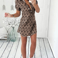 V-Neck Design Print Short Sleeve Dress - Thumbnail 2