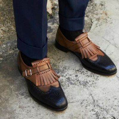 Decent looking brown black contrast monk shoes, handmade leather fringe wedding shoes - Thumbnail 3