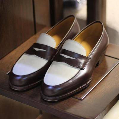 Unique two tone moccasin penny loafer hand made leather shoes