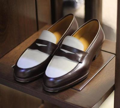 Unique Two Tone Moccasin Penny Loafer Hand Made Leather Shoes