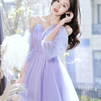 Purple tulle short prom dress homecoming dress - Thumbnail 1