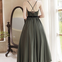 Green V-neck satin short prom dress homecoming dress - Thumbnail 5