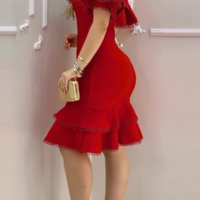 Casual Red Sexy Off-Shoulder Dress - Thumbnail 1