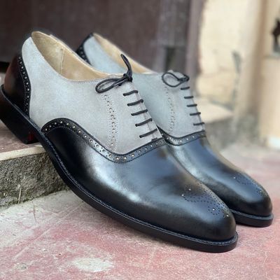 Men's two tone brogue leather lace up suede boot, handmade dress shoes