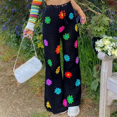 Cute Flower Knit Crochet Net Sheer Wide Leg Pants Long Boho Trousers Aesthetic Casual Summer E-Girl Kawaii Korean Japanese Harajuku