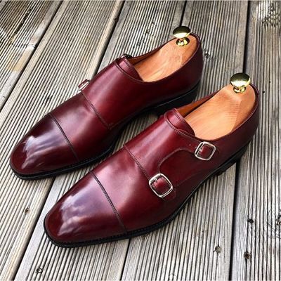 Top Trending Men's Burgundy Hand Stitch Shoes,Double Monk Strap Leather Wedding Shoes