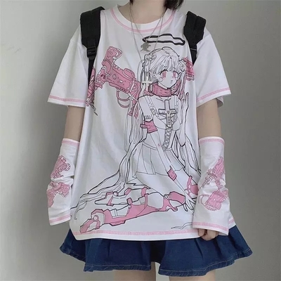 Angel Steampunk Anime Girl Cartoon Print Loose Short Sleeve T-shirt Top Summer Causal Goth Punk E-Girl Kawaii Korean Japanese Harajuku Streetwear