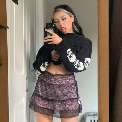 Black Skull Knit Sweater Sweatshirt Crewneck Long Sleeve Pullover Goth Punk Autumn Fall E-Girl Kawaii Korean Japanese Harajuku Streetwear