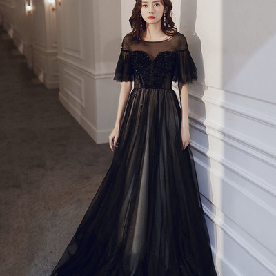 Black tulle beaded long prom dress a-line evening dress - Thumbnail 1