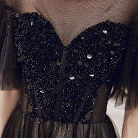 Black tulle beaded long prom dress A-line evening dress - Thumbnail 1