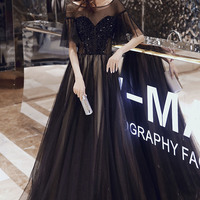 Black tulle beaded long prom dress A-line evening dress - Thumbnail 2