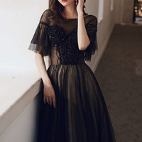 Black tulle beaded long prom dress A-line evening dress - Thumbnail 3