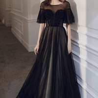 Black tulle beaded long prom dress A-line evening dress - Thumbnail 5