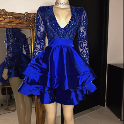 V neck royal blue homecoming dresses with sleeves,1477 - Thumbnail 1