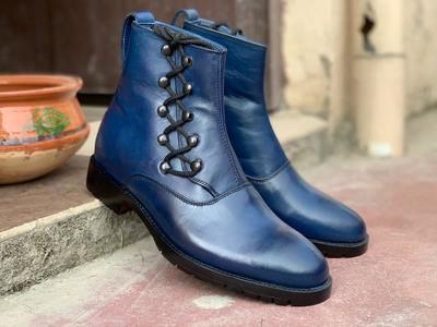 Handmade Ankle High Side Lace Up Men's Blue Leather Boot