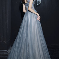 Blue V-neck tulle beaded long prom dress A-line evening dress - Thumbnail 2