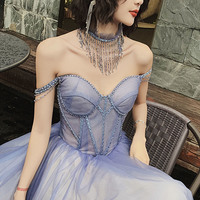 Blue tulle long A-line ball gown dress formal dress - Thumbnail 1