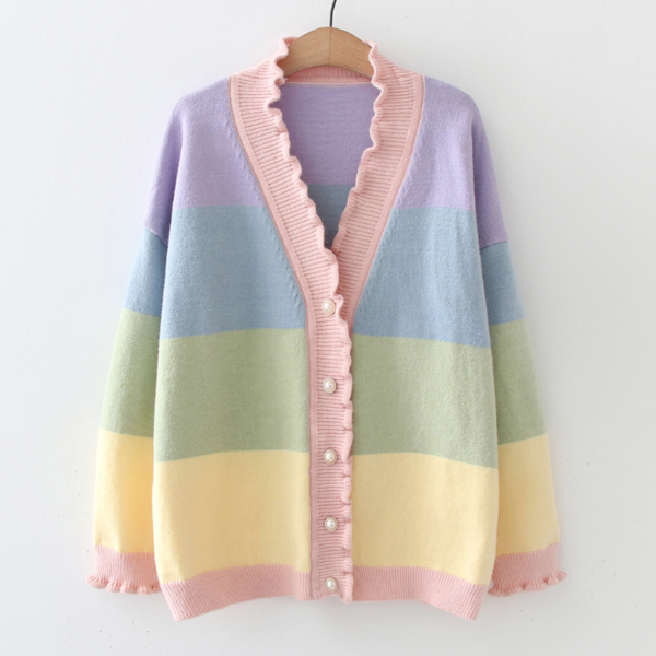 New Rainbow Stripe Wavy Fungus Lace V-neck Sweater