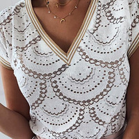 Cutout Pattern V-Neck Short Sleeve Shirt - Thumbnail 2