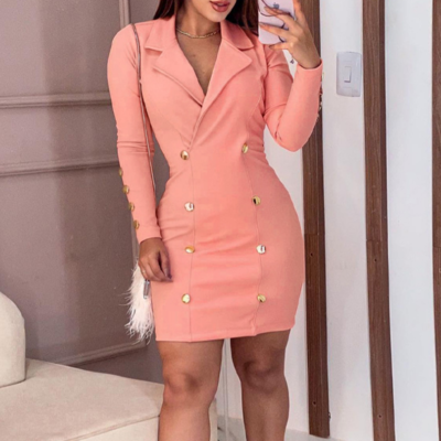 Solid color double breasted pink long sleeve dress
