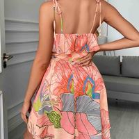 Fashion Pink Floral Print Sling Sleeveless Dress - Thumbnail 1