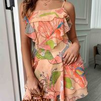 Fashion Pink Floral Print Sling Sleeveless Dress - Thumbnail 3