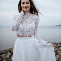 Two Piece Beach Wedding Dresses Bridal Gown with Sleeves DW4 - Thumbnail 3