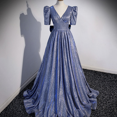 Blue v-neck sequins long prom dress a-line evening dress - Thumbnail 3