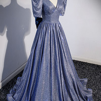 Blue V-neck sequins long prom dress A-line evening dress - Thumbnail 1