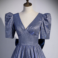 Blue V-neck sequins long prom dress A-line evening dress - Thumbnail 2