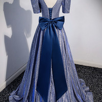 Blue V-neck sequins long prom dress A-line evening dress - Thumbnail 3