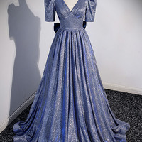 Blue V-neck sequins long prom dress A-line evening dress - Thumbnail 5
