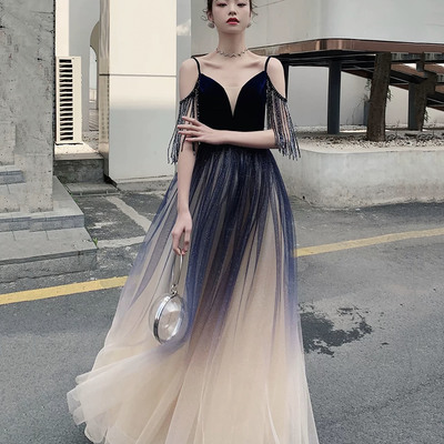 Blue spaghetti strap gradient long ball gown evening dress - Thumbnail 3