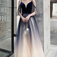 Blue Spaghetti Strap Gradient Long Ball Gown Evening Dress - Thumbnail 2