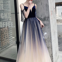 Blue Spaghetti Strap Gradient Long Ball Gown Evening Dress - Thumbnail 4