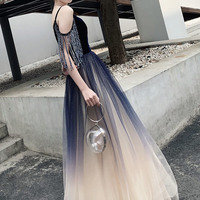 Blue Spaghetti Strap Gradient Long Ball Gown Evening Dress - Thumbnail 5